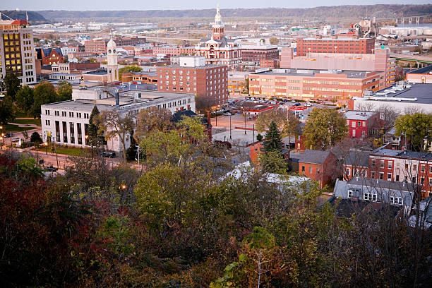 High ground view of the buildings of downtown Dubuque, Iowa stock photo