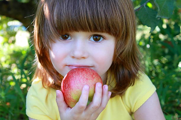 Young girl with brown hair eating a red apple stock photo