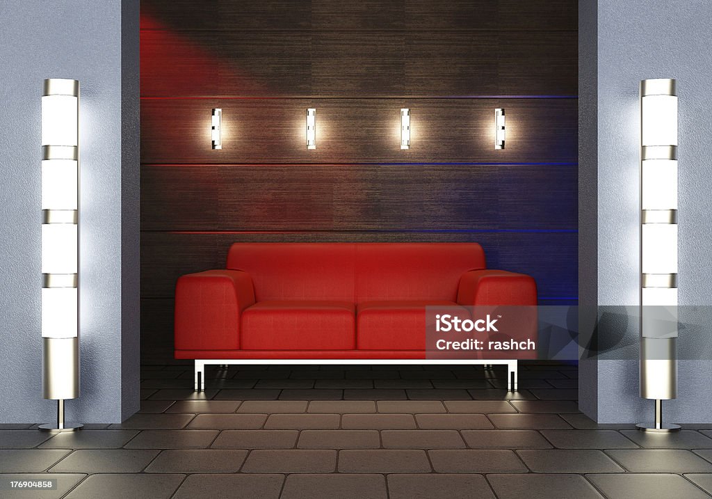 Red sofa Red sofa and floor lamps Architectural Feature Stock Photo