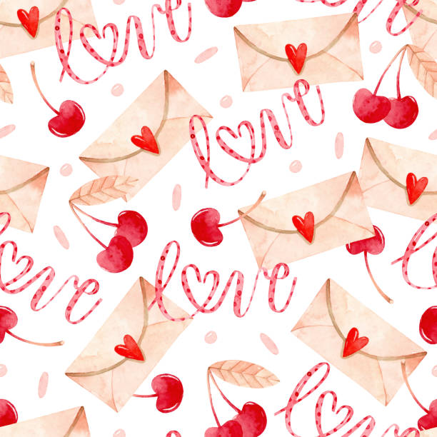 Love letter, cherry and hand drawn lettering watercolor seamless pattern Watercolor seamless pattern with love letters, cherries and love lettering vintage love letter backgrounds stock illustrations