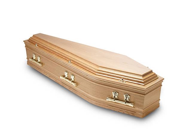 oak coffin casket isolated on white with clipping path
