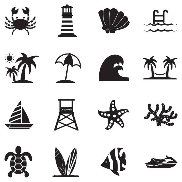 Vector illustration of Coastline Icons. Black Flat Design. Vector Illustration.