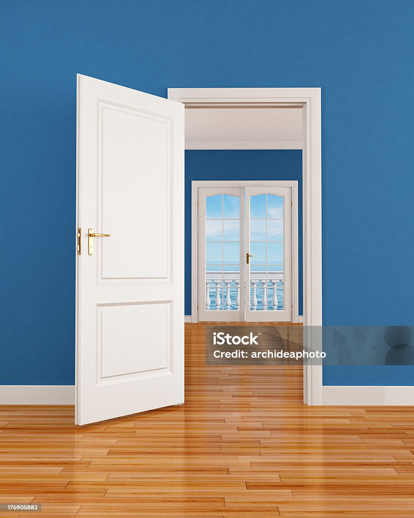 Blue empty interior empty blue interior with open door and window-rendering-rhe image on background is a my render composition Apartment Stock Photo
