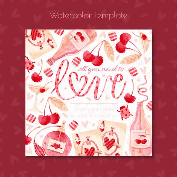 Vector illustration of Valentine's Day party watercolor flyer template with lettering