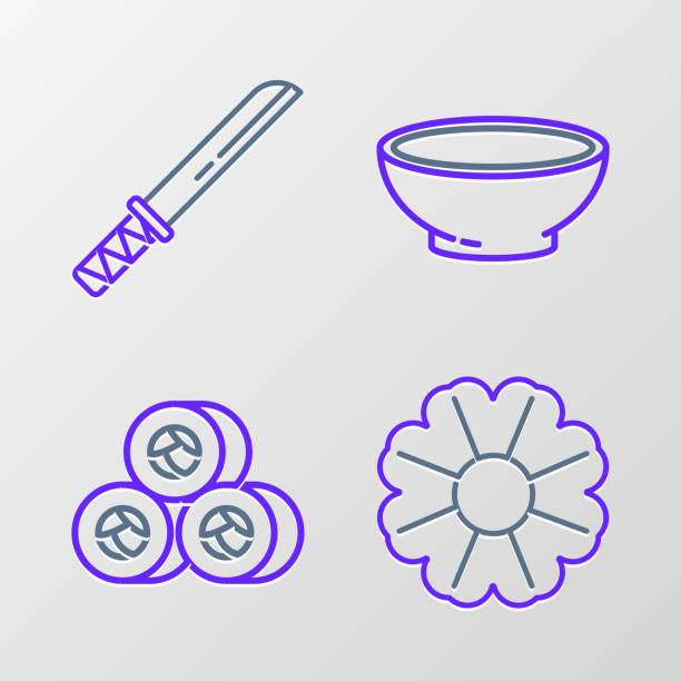 набор цветок, суши, тарелка горячего супа и традиционная японская иконка катаны. вектор - 3250 stock illustrations