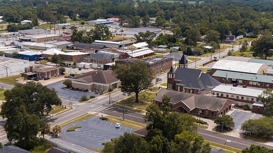 First Baptist Church landmark overlooks commercial neighborhood in Pelham, Georgia