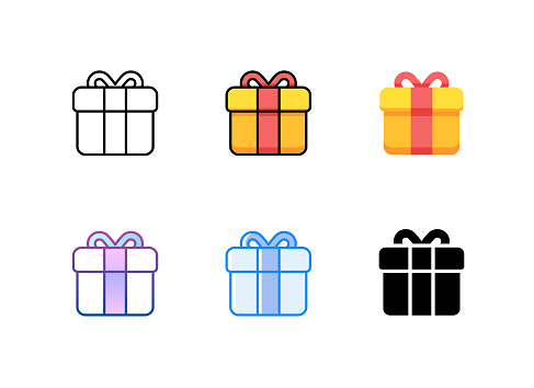 Gift icon. 6 Different styles. Editable stroke.