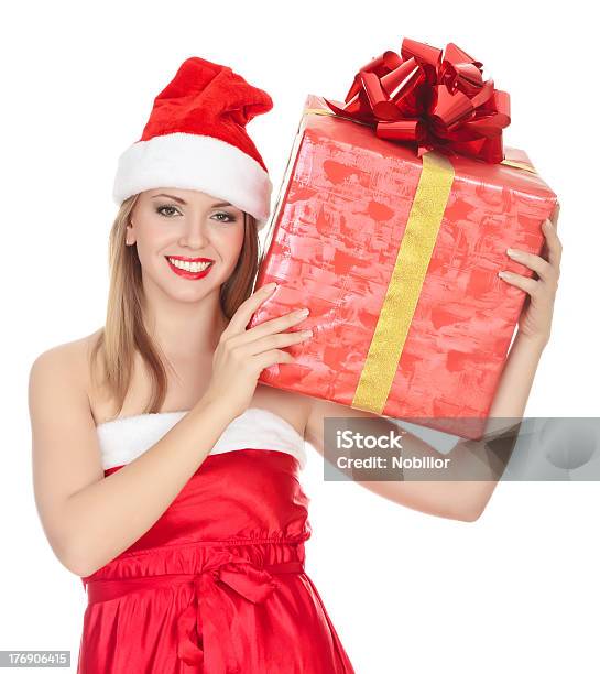 Cheerful Christmas Girl With Big Gift Box Stock Photo - Download Image Now - Adult, Beautiful People, Beauty