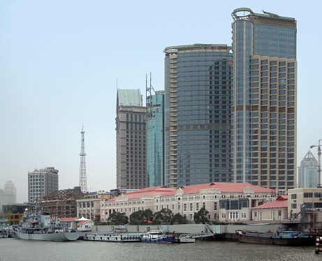 waterside city view of Shanghai in China, seen from Huangpu River