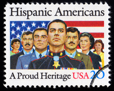 USA postage stamp showing proud Hispanic American mean and women marines, soldiers and veterans