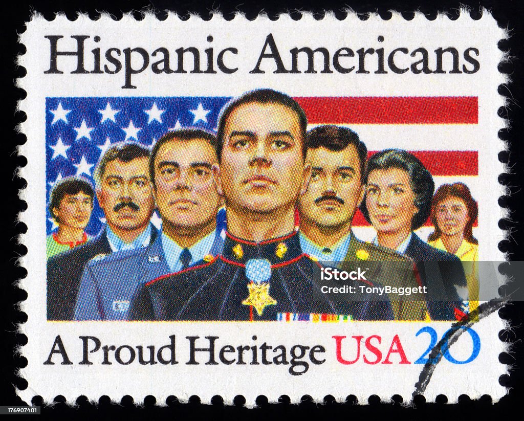 USA Postage Stamp Hispanic American USA postage stamp showing proud Hispanic American mean and women marines, soldiers and veterans Latin American and Hispanic Ethnicity Stock Photo