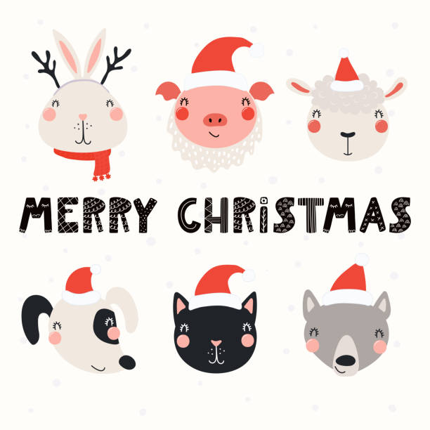 Cute animals Christmas set Set with cute animals in Santa Claus hats, typography. Isolated objects on white background. Hand drawn vector illustration. Scandinavian style flat design. Concept for Christmas, children print. wolf and lamb stock illustrations