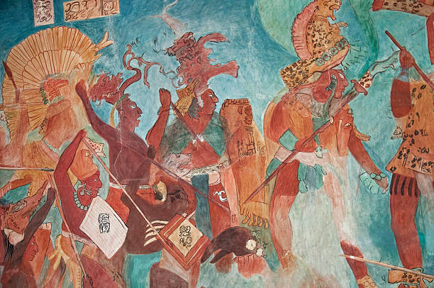 Mayan Mural Painting from Bonampak 02 "Mural Replica of the original fresco found in aThe Temple of the Muralsai in an ancient Maya archeological site called Bonampak in Chiapas, Mexico. The painting dates from 790 A.D. and shows a war scene." mayan stock pictures, royalty-free photos & images