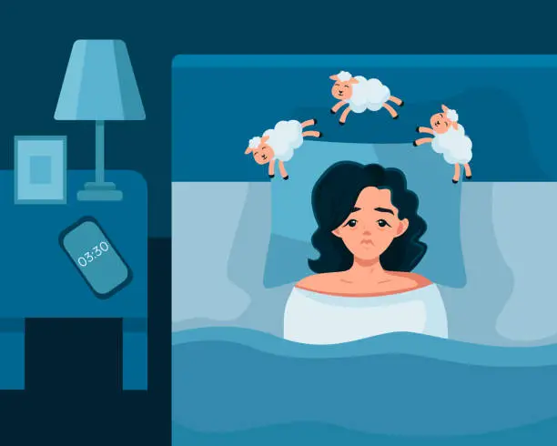 Vector illustration of A young girl is lying in bed with her eyes open and can't fall asleep