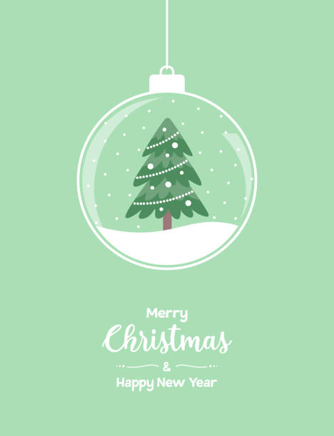 istock Christmas greeting card. Glass ball with a Christmas tree inside and text on a green background. Flat vector illustration 1769081629