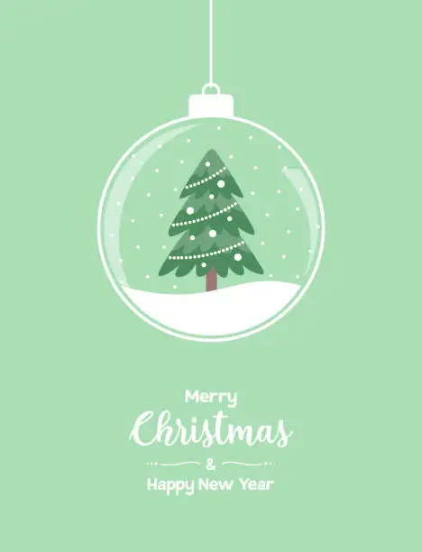 Vector illustration of Christmas greeting card. Glass ball with a Christmas tree inside and text on a green background. Flat vector illustration