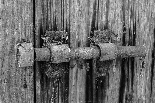 closeup of rusted iron metal bolt lock on weathered wooden door in monochrome or grayscale
