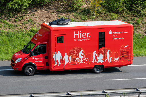 Wiehl, Germany - May 3, 2022: Kreissparkasse Köln mobile branch on motorway