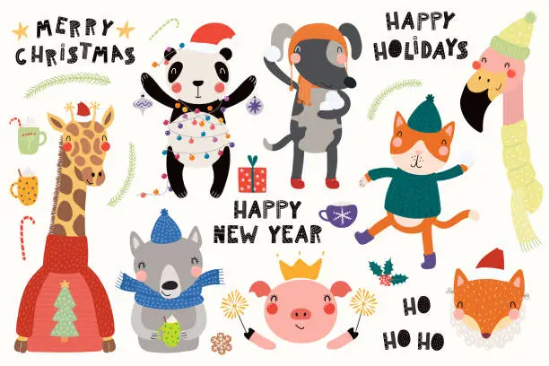 Vector illustration of Cute animals Christmas card