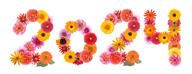 Inscription 2024 from different flowers isolated on white background. Happy New Year.