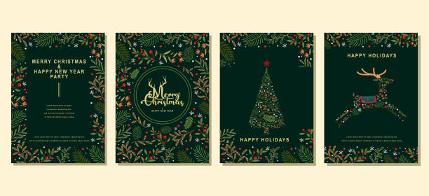 Elegant Merry Christmas and Happy New Year Set of greeting cards, posters, holiday covers - ilustração de arte vetorial