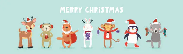 Vector illustration of Cute animals Christmas card