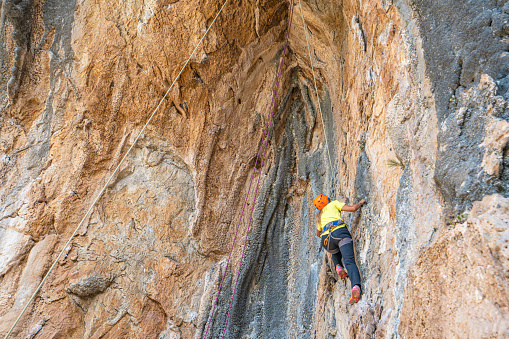 Olympos, Antalya, Türkiye-October 29, 2023:rock climbers are enjoying  the amazing walls of the rock mountain in Olympos, Antalya, Turkey