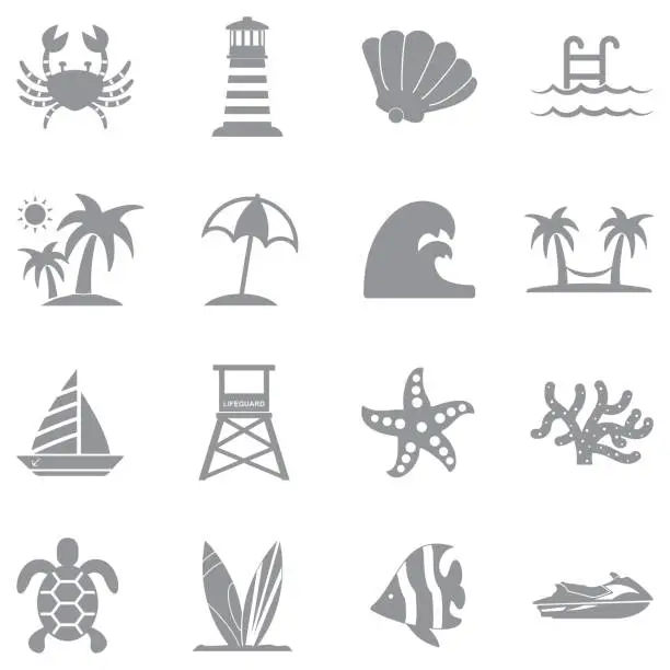 Vector illustration of Coastline Icons. Gray Flat Design. Vector Illustration.