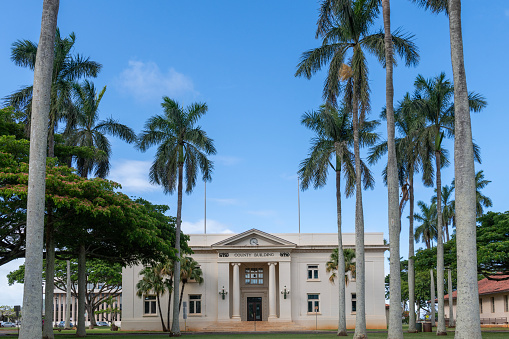 Lihue, Kauai, Hawaii June 26, 2023 The County Building in Lihue, Kauai, Hawaii with beautiful palm trees and manicured lawn.