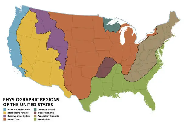 Vector illustration of Physiographic regions of the United States, political map