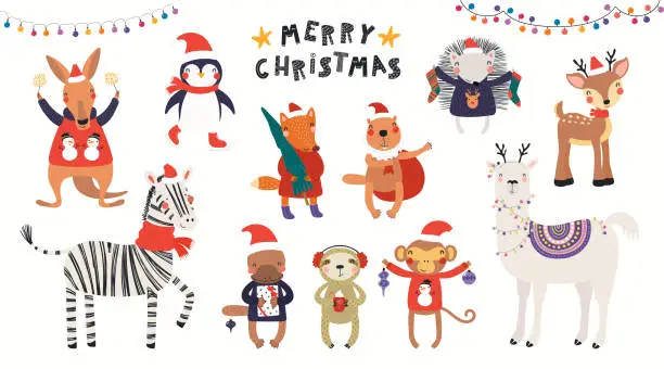 Vector illustration of Cute Christmas animals set