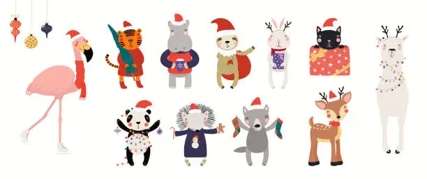 Vector illustration of Cute Christmas animals set