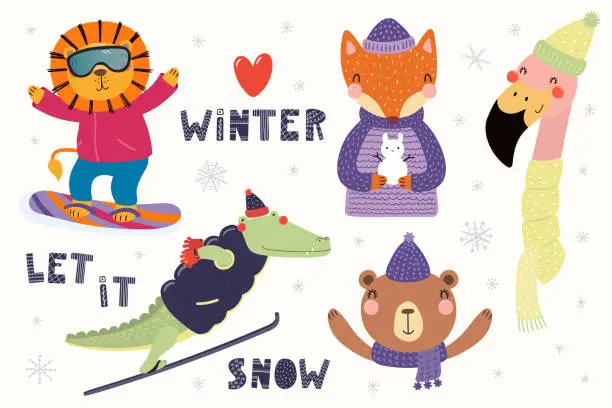 Vector illustration of Cute animals winter set