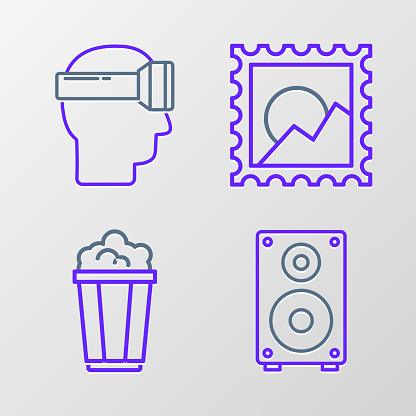 Set line Stereo speaker Popcorn in cardboard box Picture landscape and Virtual reality glasses icon. Vector.