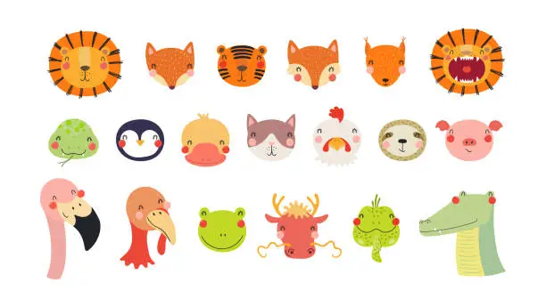 Vector illustration of Cute funny baby animals faces illustrations set.