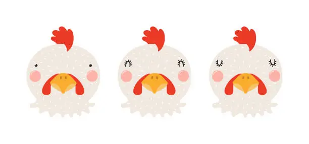 Vector illustration of Cute funny chicken faces illustrations set.