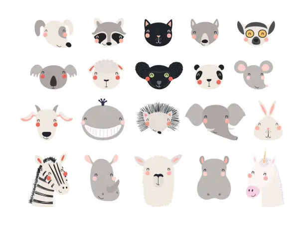 Vector illustration of Cute funny baby animals faces illustrations set.