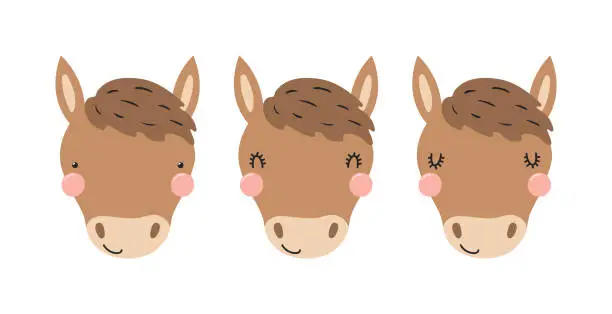 Vector illustration of Cute funny horse faces illustrations set.