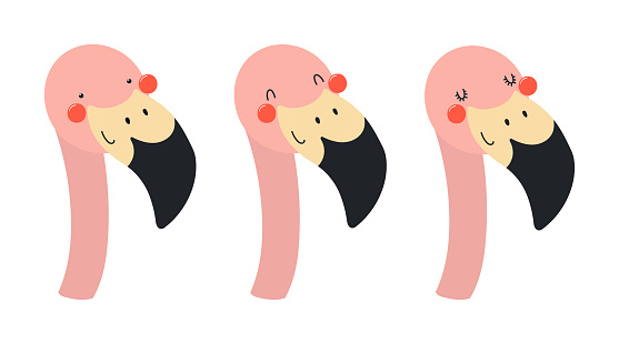 Cute funny flamingo faces illustrations set. Hand drawn cartoon character. Scandinavian style flat design, isolated vector. Kids print element, poster, card, wildlife, nature, baby animals