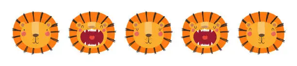 Vector illustration of Cute funny lion faces illustrations set.