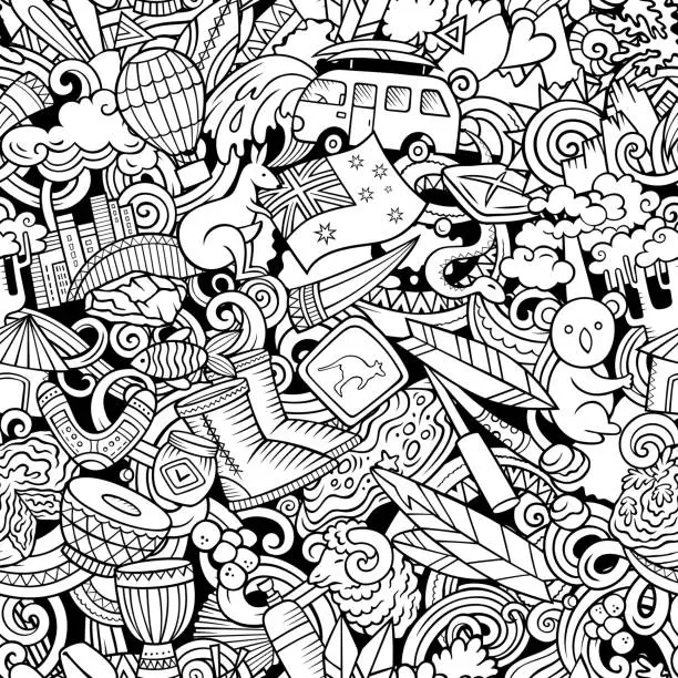 Vector illustration of Cartoon doodles Australia seamless pattern.