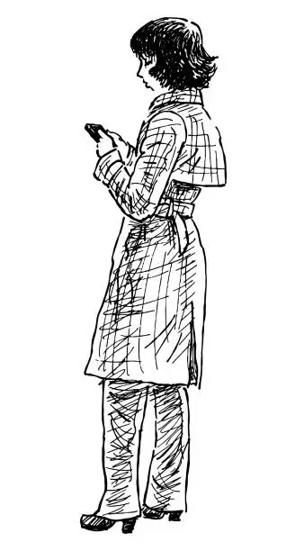 Vector illustration of Sketch of young city woman standing on street and looking at smartphone