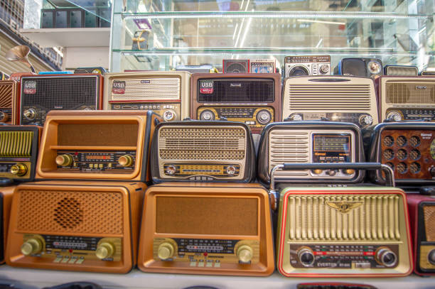 Collection of old radios on a stall in the Turkish