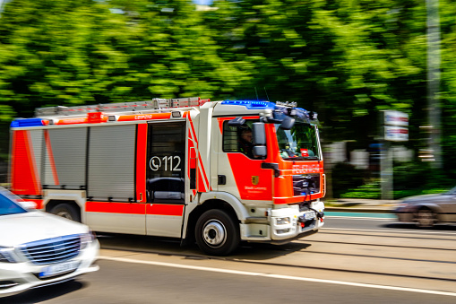 Leipzig, Germany - May 26: typical german vehicle of the fire department at the old town of Leipzig on May 26, 2023