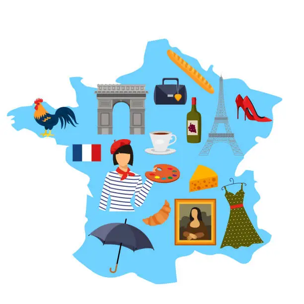 Vector illustration of France map. Set of elements with symbols of France