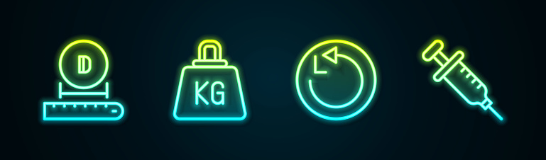 Set line Diameter, Weight, Radius and Syringe. Glowing neon icon. Vector.