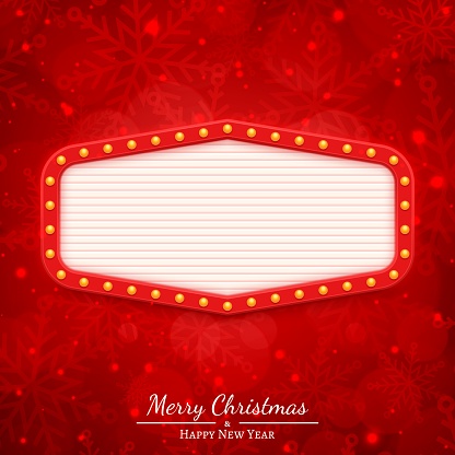 Christmas square banner with retro style signboard and lights garland over blue background with winter themed texture. Xmas composition for festive social media posting. Vector illustration