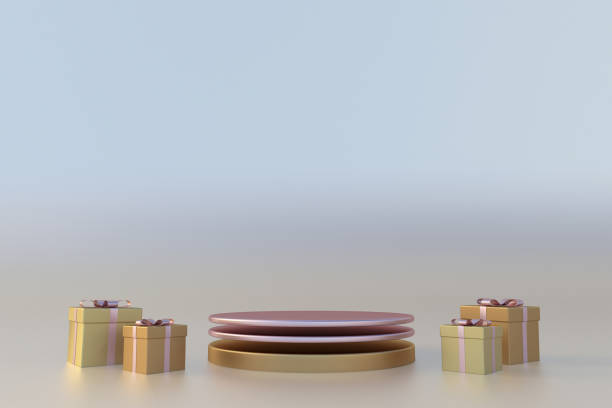 istock 3d template with festive gold pink podium and gift boxes 1769198091