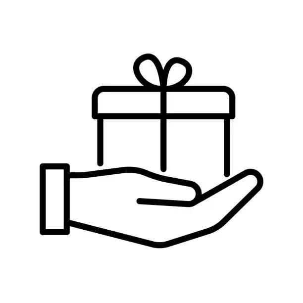 Vector illustration of Gift box giving, packing box on hand, line icon. Present box, wrapped package with ribbon. Surprise on party and celebration Christmas, birthday or holiday. Vector outline
