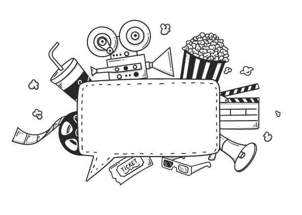 ilustrações de stock, clip art, desenhos animados e ícones de cinema. hand drawn doodle of movie camera, clapperboard, movie reel and cassette, popcorn in striped box, movie ticket and 3d glasses, director's chair, loudspeaker, drink with straw, masks. - food and drink industry audio